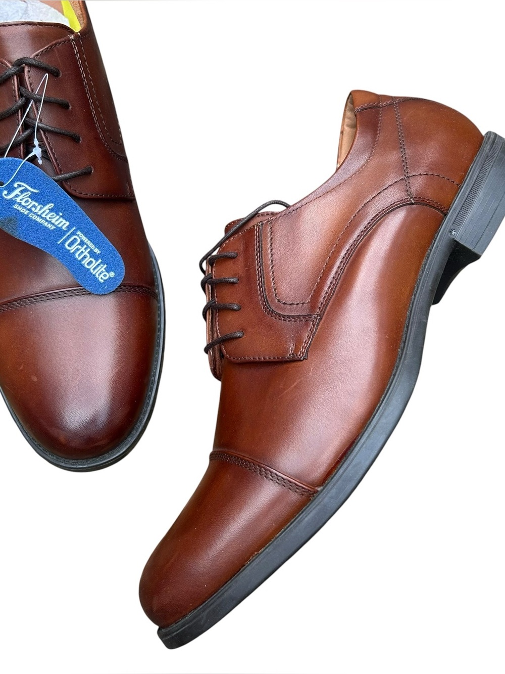 Florsheim Comfortech Ortholite Leather Cap Toe Oxford Dress Shoes Cognac